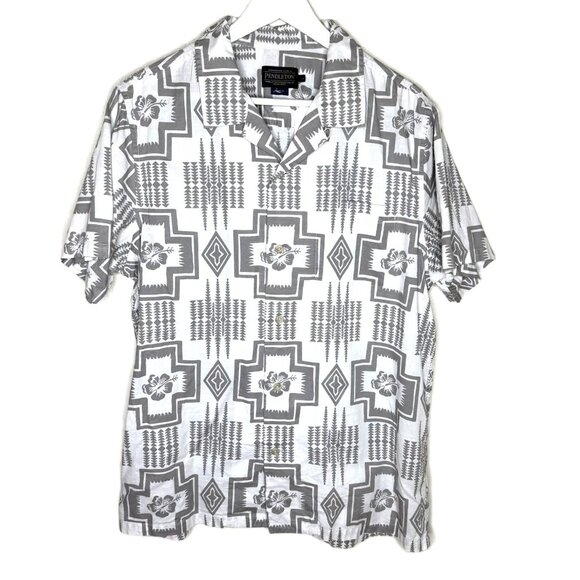 Pendleton Men's Gray & White Harding Print Aloha Camp Shirt, Size Large - Picture 1 of 6